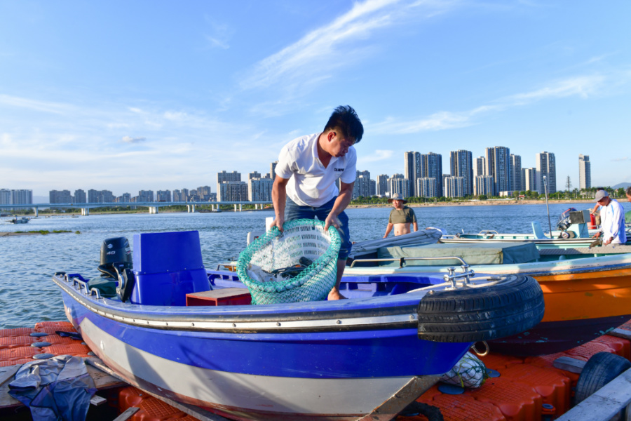 驾船返回的陈燕武整理着渔具，为靠岸避风做好准备。夏海滨摄